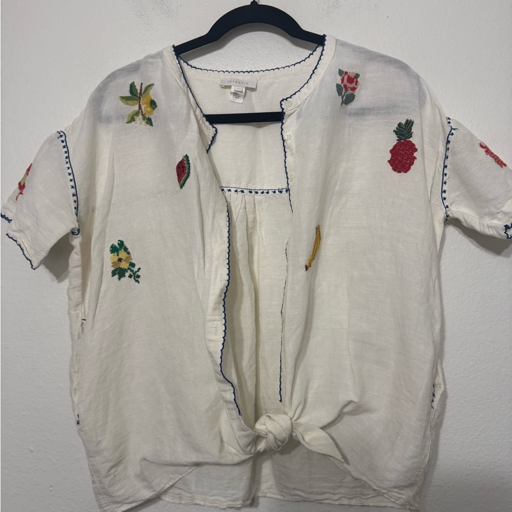 Anthropologie Intropia Embroidered Linen Fruit Shirt XS